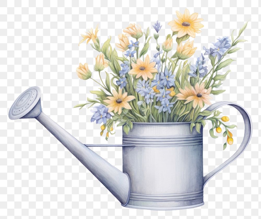 PNG  Watering can with flowers drawing plant white background. AI generated Image by rawpixel.