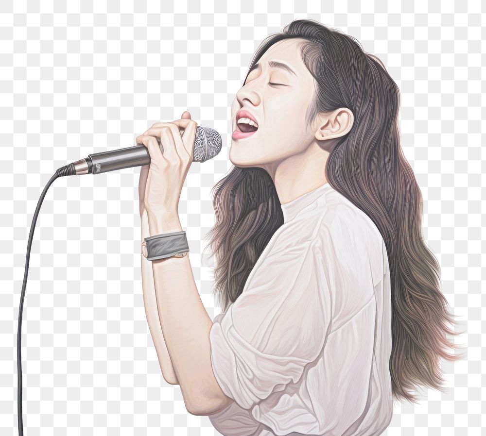 PNG  Asian singer singing holding microphone karaoke adult white background. AI generated Image by rawpixel.