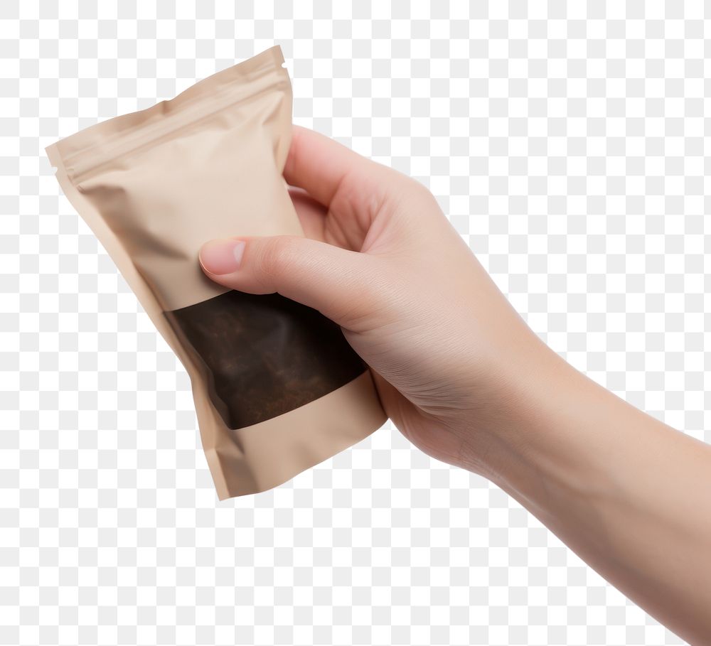 PNG  Coffee pouch bag holding hand white background.