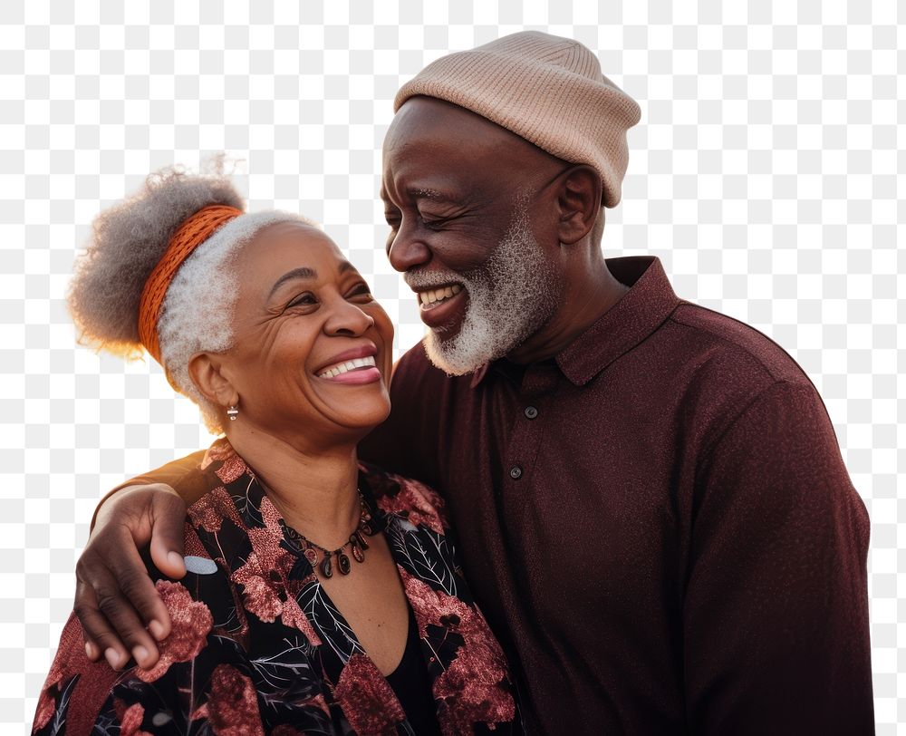 PNG Black senior people couple having romantic moment embracing laughing portrait. AI generated Image by rawpixel.
