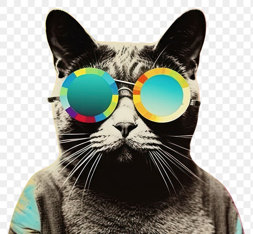PNG Collage Retro dreamy cat sunglasses mammal animal.