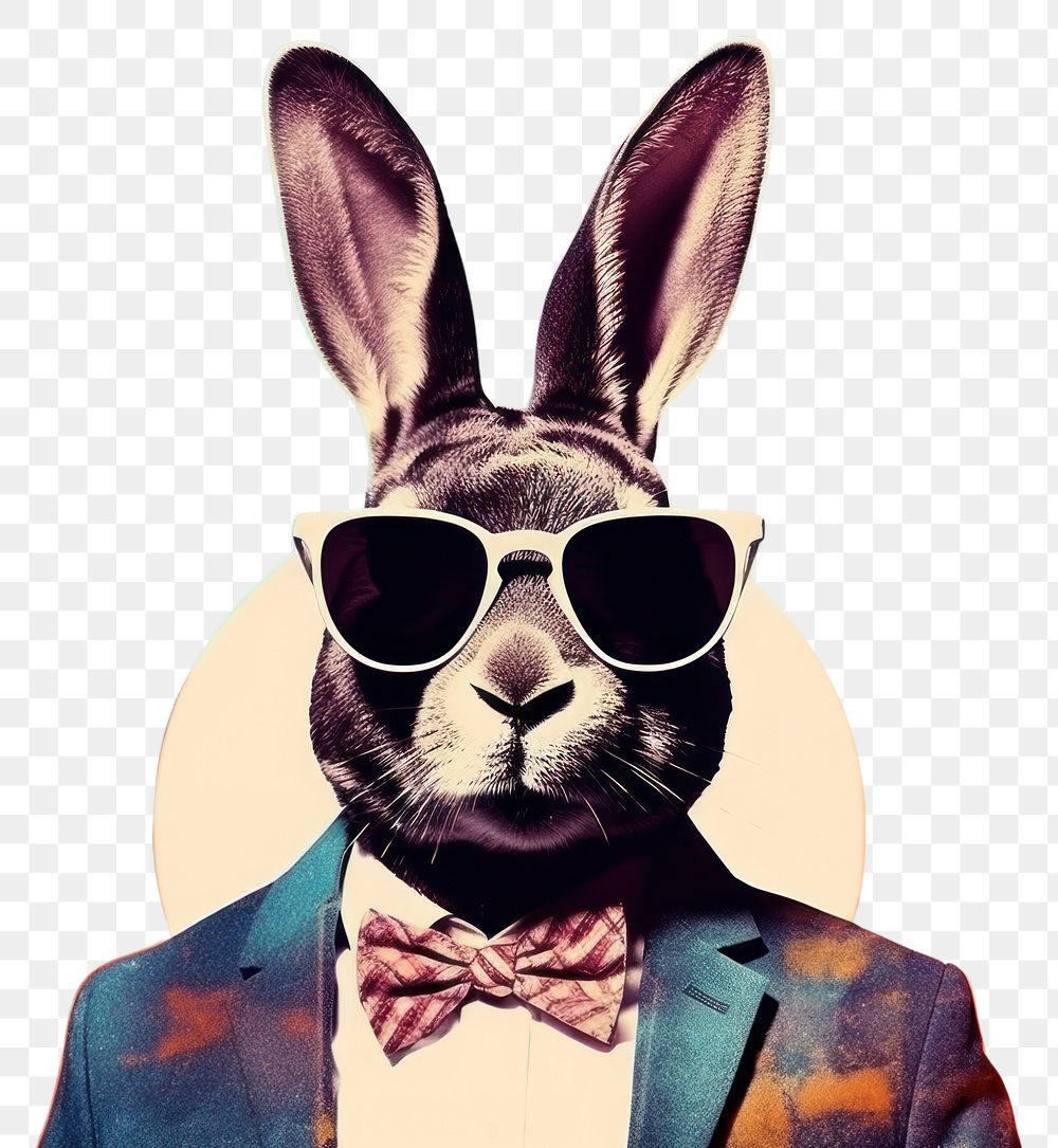 PNG Collage Retro dreamy rabbit sunglasses portrait animal.