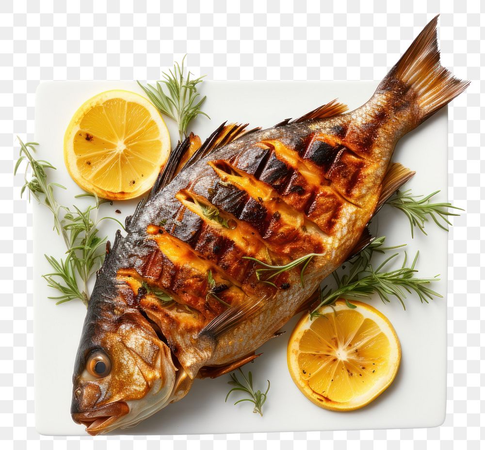 PNG Grilled fish seafood animal lemon. AI generated Image by rawpixel.
