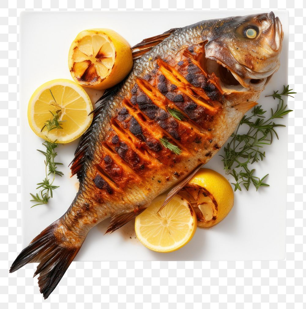 PNG Grilled fish animal lemon fruit. AI generated Image by rawpixel.