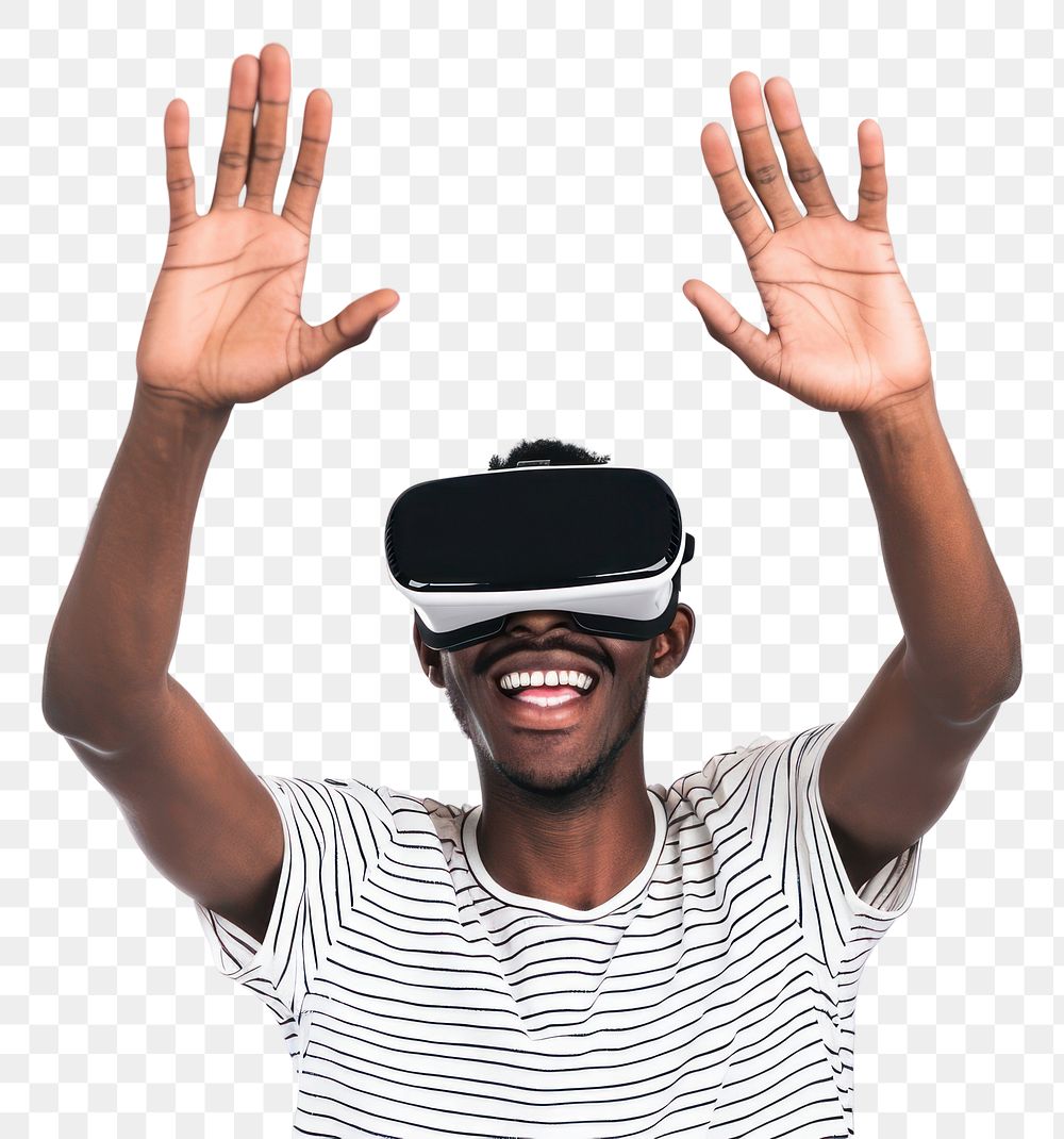 PNG  Virtual reality headset white background technology triumphant.