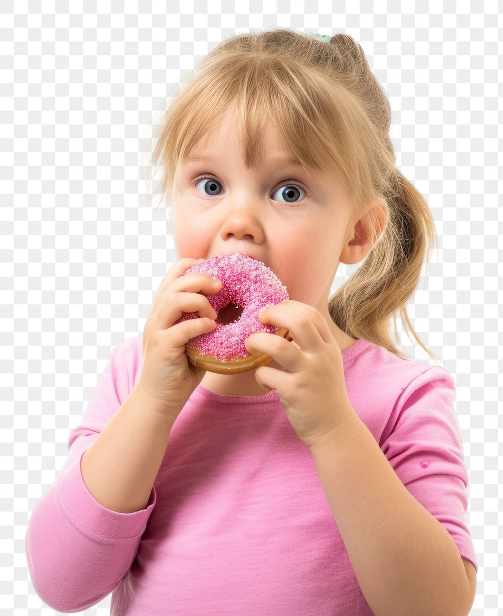 PNG  Little girl eating donut biting child white background.