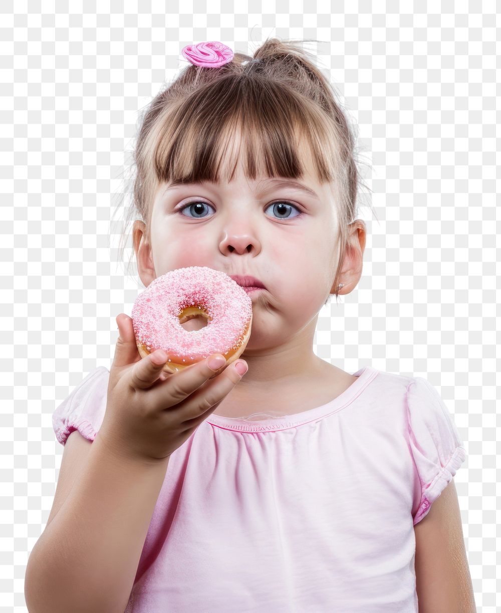 PNG  Little girl holding donut eating child food.