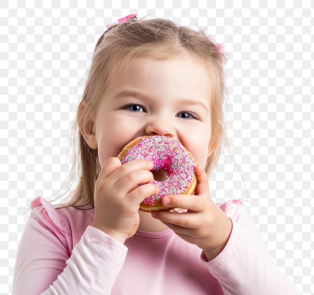 PNG  Little girl holding donut eating biting child.