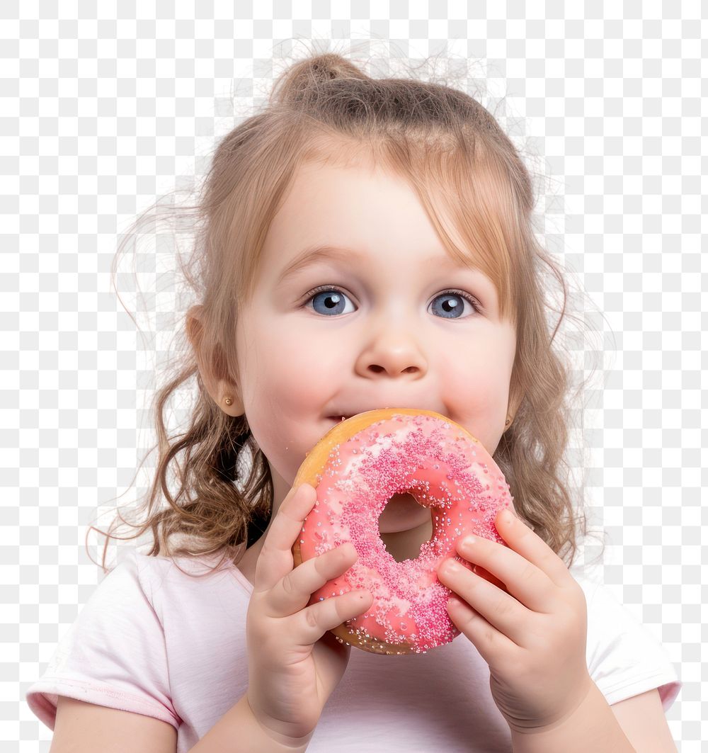 PNG  Little girl holding donut eating biting food.