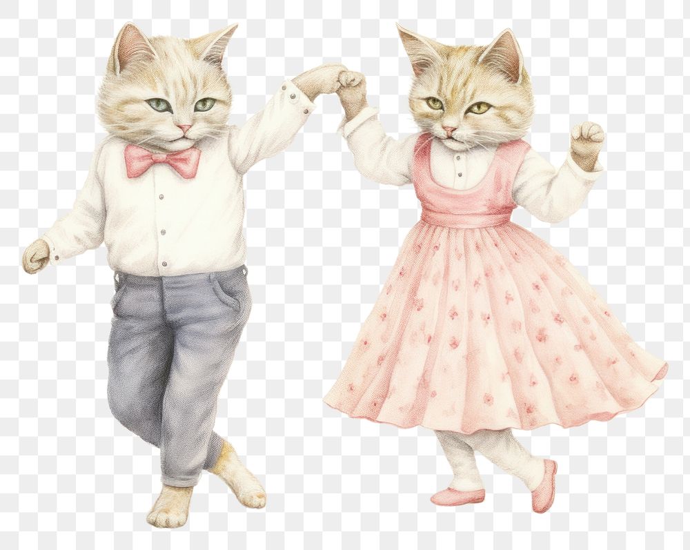 PNG Cat couple characters dancing drawing sketch portrait.