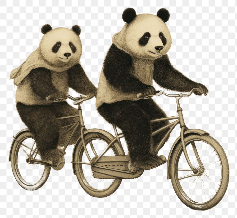 PNG Panda characters riding bicycle vehicle drawing mammal.