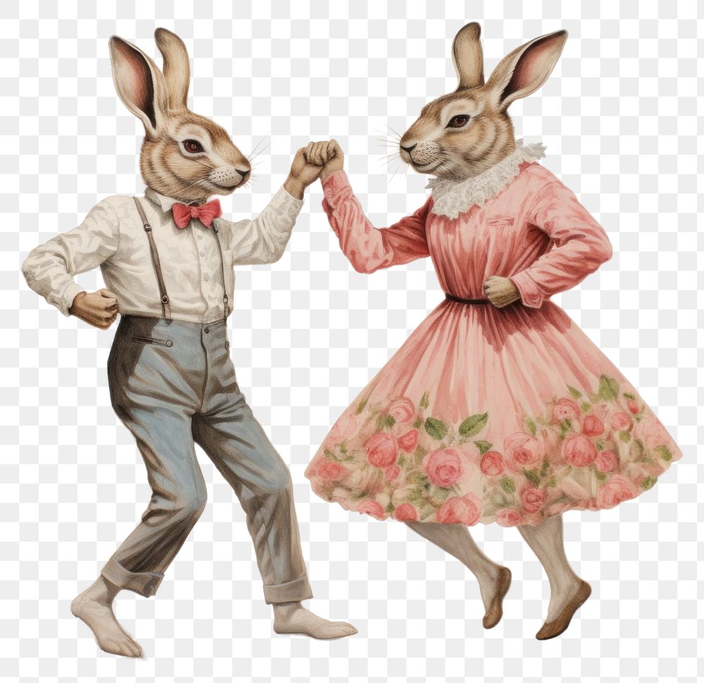 PNG Rabbit couple characters dancing drawing sketch animal.