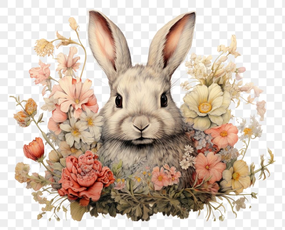 PNG Rabbit with flowers painting drawing animal.