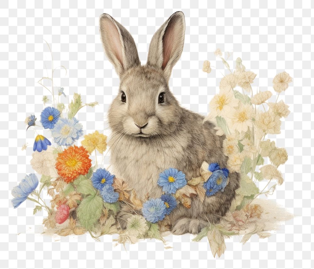 PNG Rabbit with flowers drawing sketch animal