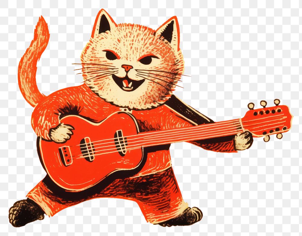 PNG Cat playing guitar mammal representation performance. AI generated Image by rawpixel.