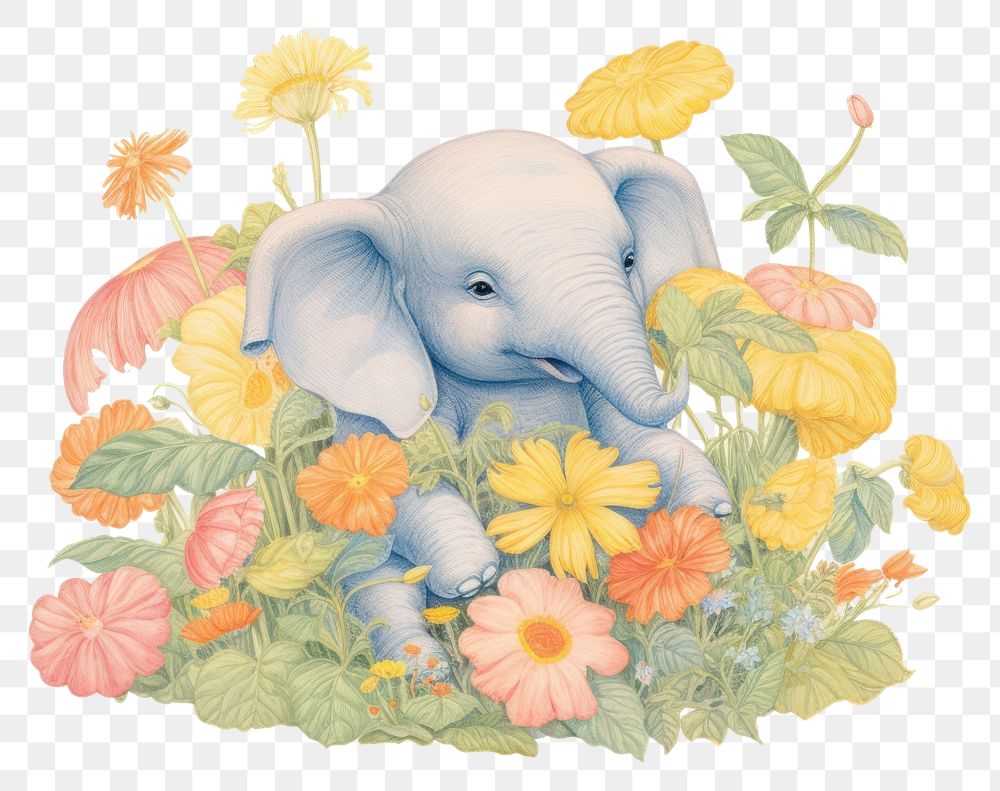 PNG Baby elephant in flower garden wildlife animal mammal. AI generated Image by rawpixel.