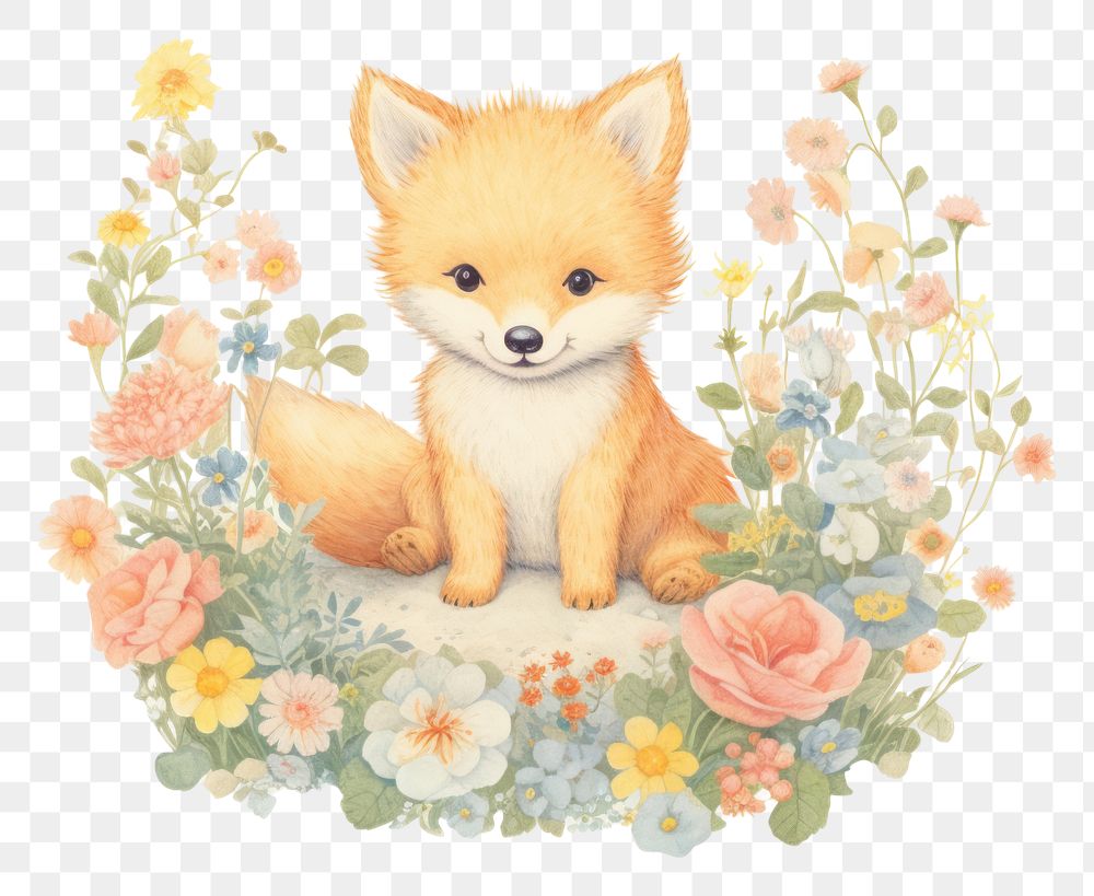 PNG Baby fox in flower garden mammal animal cute. AI generated Image by rawpixel.