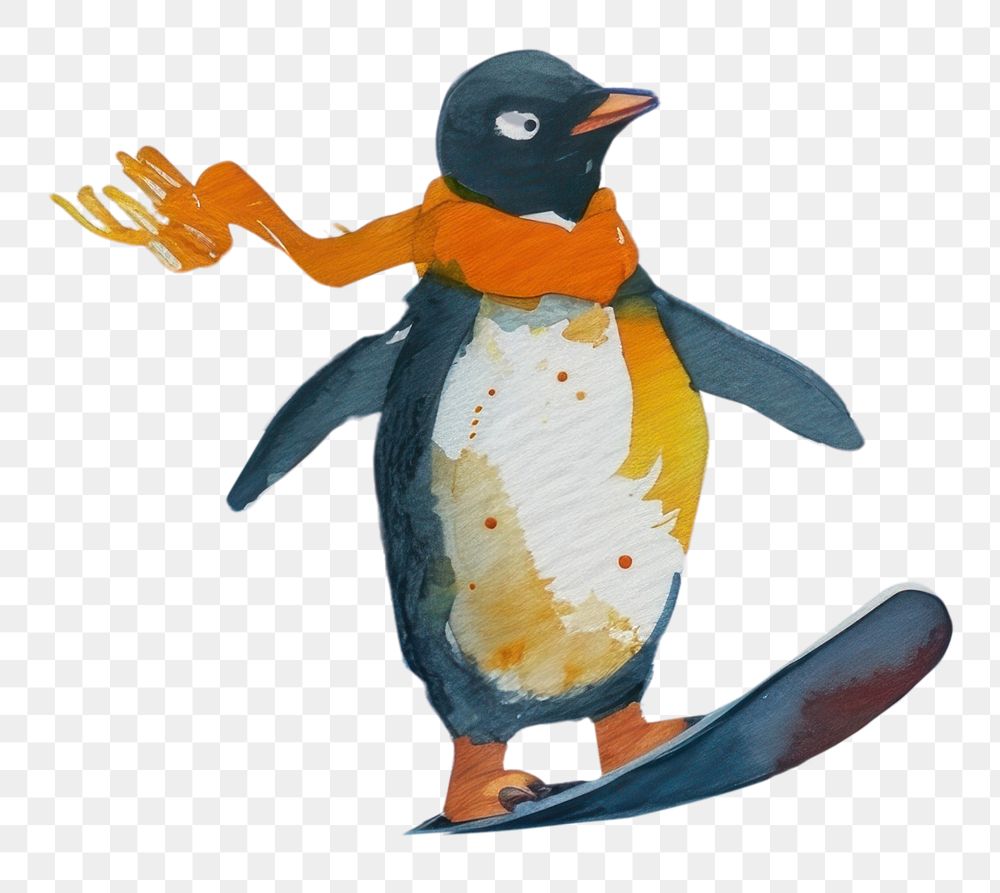 PNG  Penguin playing snowboard winter bird representation. AI generated Image by rawpixel.