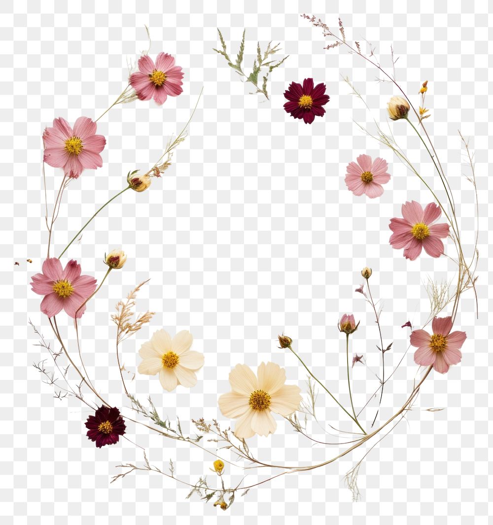 PNG Real pressed cosmos flowers circle wreath shape. AI generated Image by rawpixel.