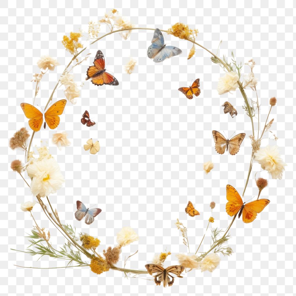 PNG Real pressed flowers with butterflies butterfly circle wreath. AI generated Image by rawpixel.