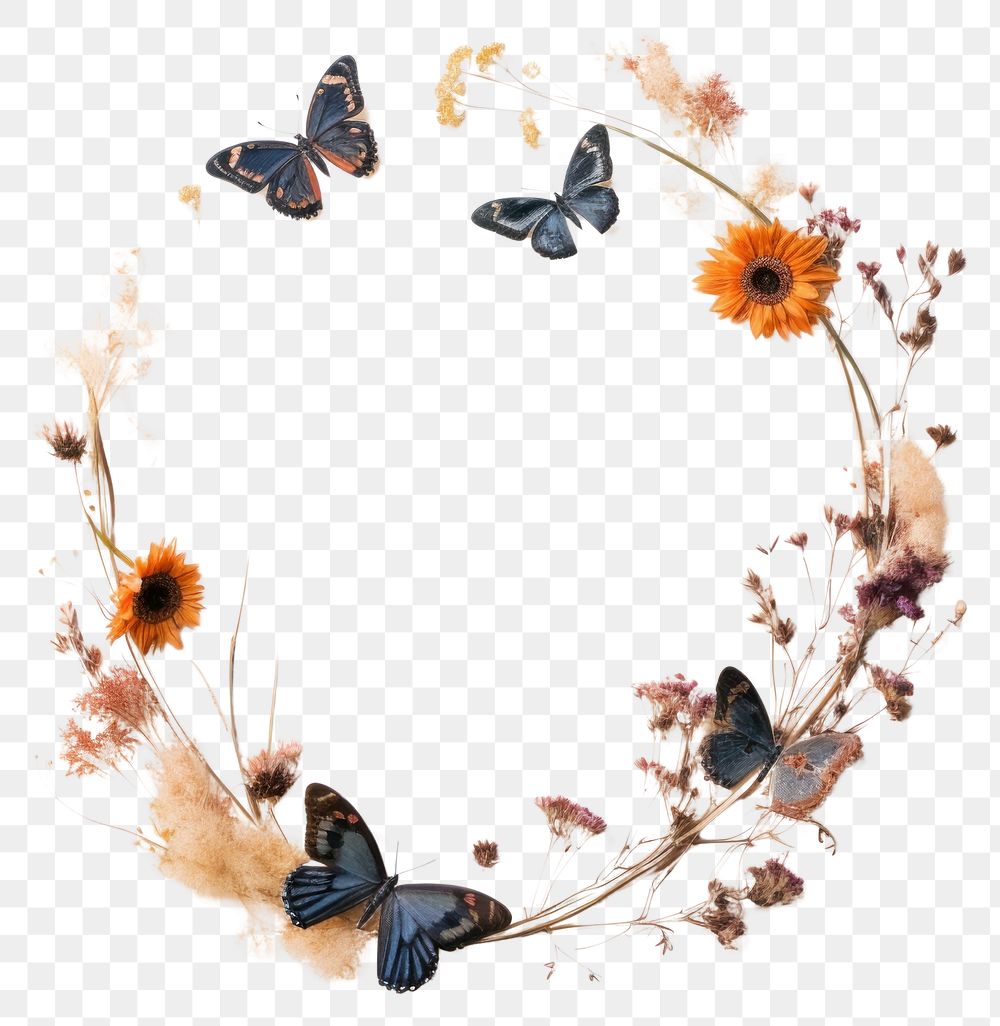 PNG Real pressed flowers with butterflies circle animal wreath. AI generated Image by rawpixel.