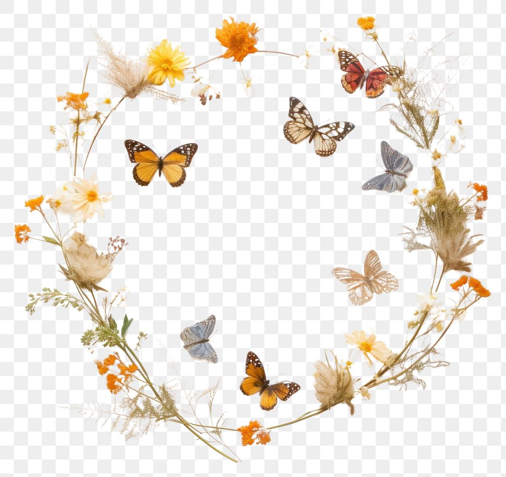 PNG Real pressed flowers with butterflies butterfly insect wreath. AI generated Image by rawpixel.