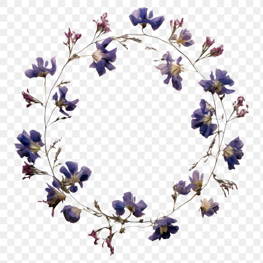 PNG Real pressed larkspur flowers circle wreath shape. AI generated Image by rawpixel.