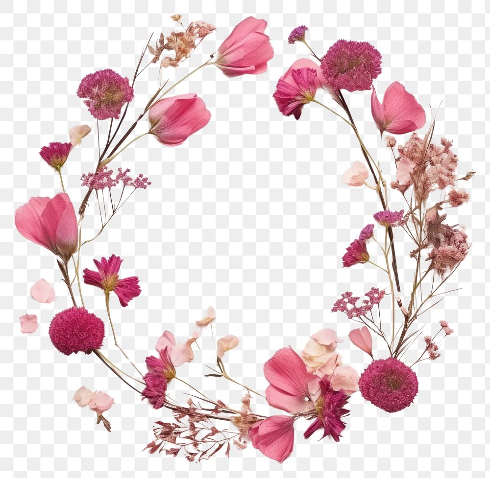 PNG Real pressed pink flowers circle wreath petal. AI generated Image by rawpixel.