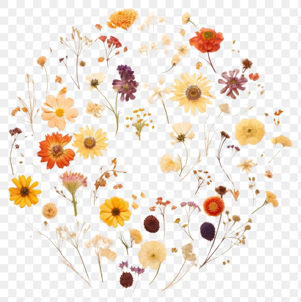 PNG Real pressed summer flowers pattern circle plant. AI generated Image by rawpixel.
