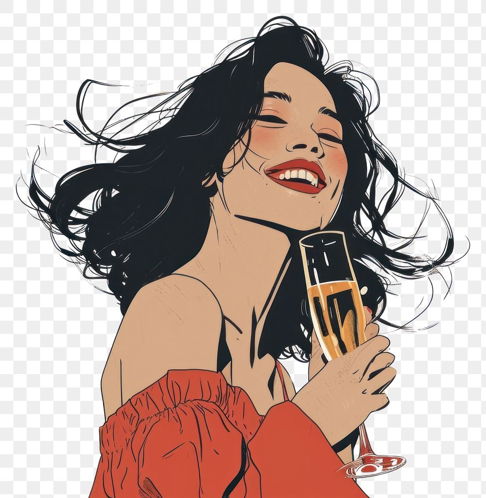 PNG Woman looking away and smiling with champagne drawing cartoon sketch. AI generated Image by rawpixel.