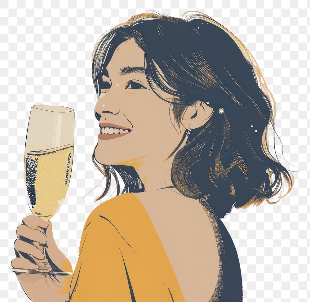 PNG Woman looking away and smiling with champagne drinking portrait glass. AI generated Image by rawpixel.
