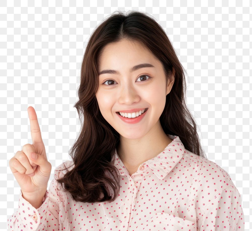 PNG  Woman happiness standing finger pointing adult smile white background.