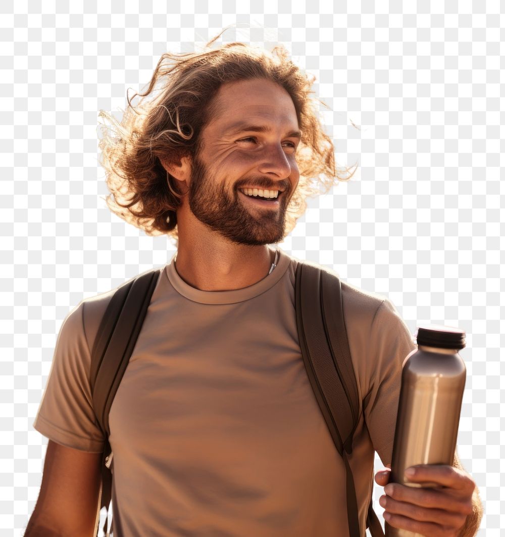 PNG  Man holding water bottle laughing sports smile. AI generated Image by rawpixel.