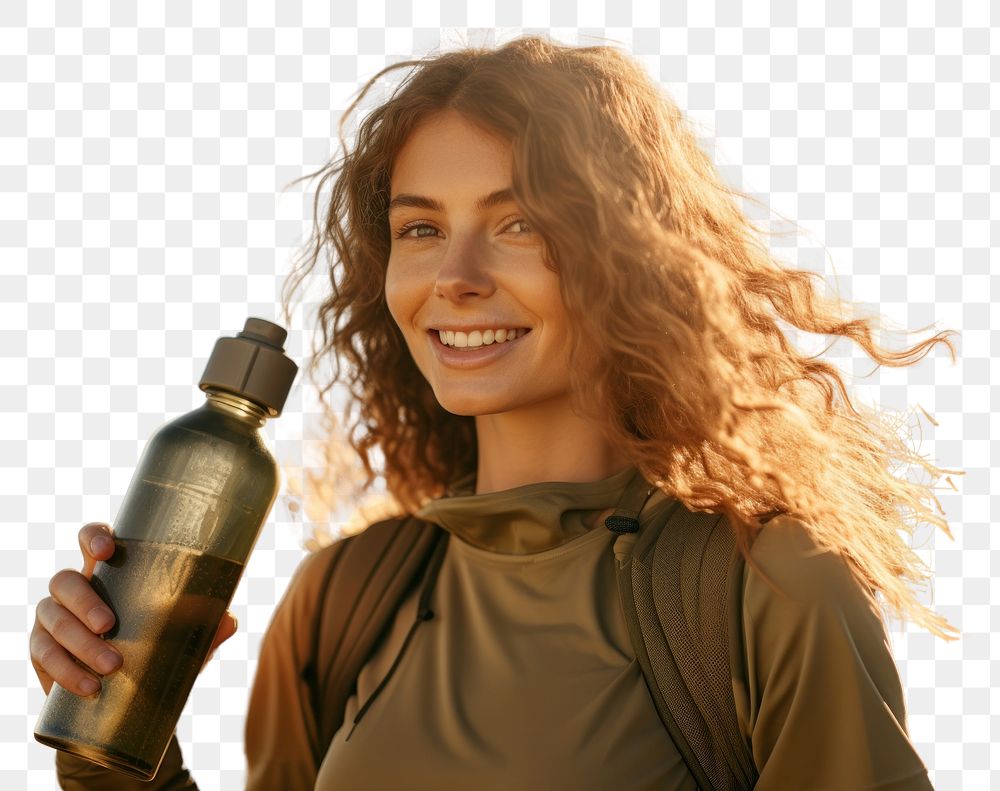 PNG  Woman holding water bottle portrait smile photo. AI generated Image by rawpixel.