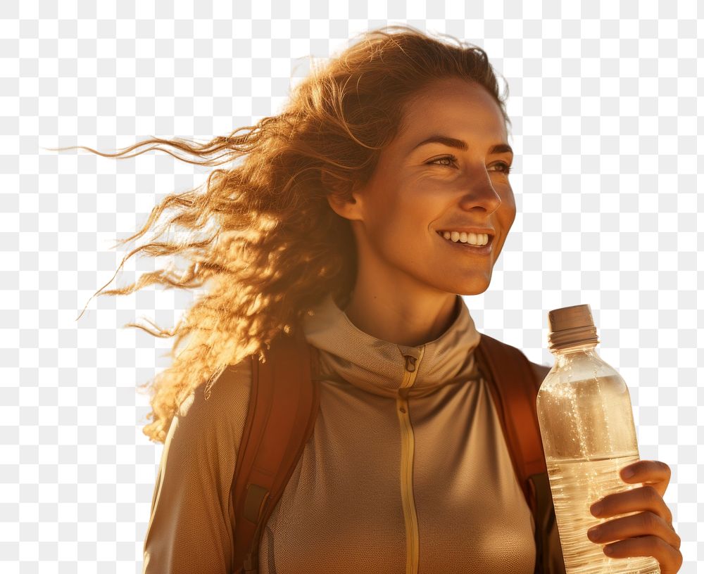 PNG  Woman holding water bottle sports smile adult. AI generated Image by rawpixel.
