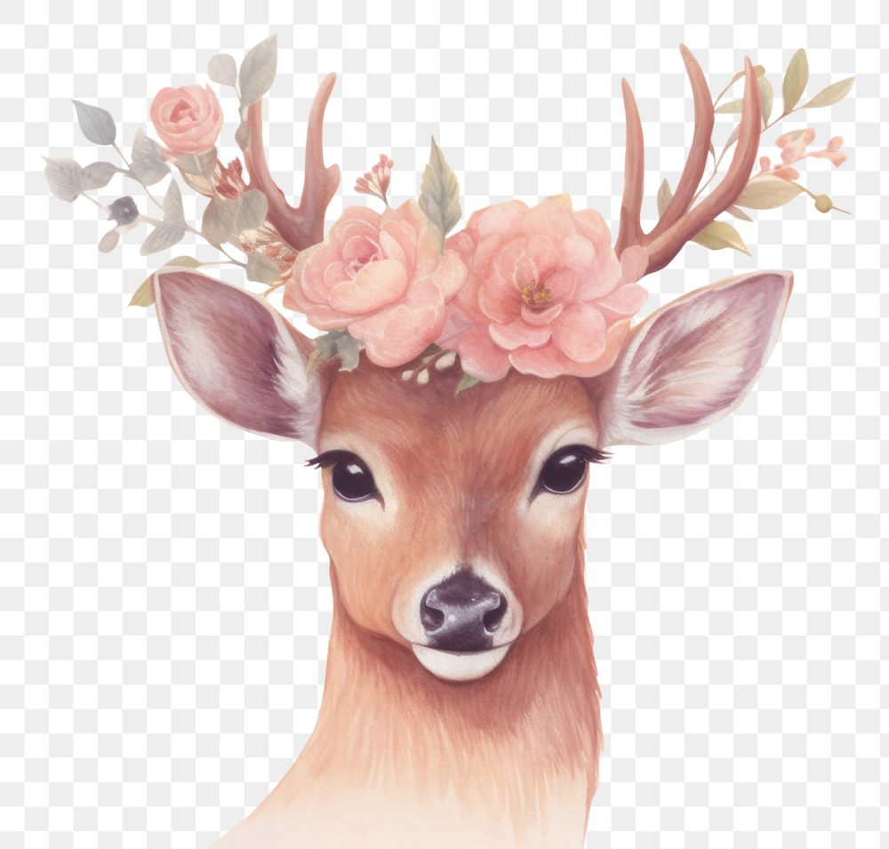PNG  Deer with flower crown portrait animal mammal. AI generated Image by rawpixel.