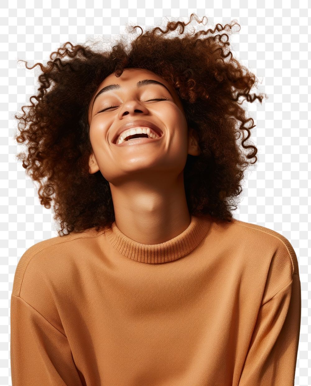 PNG  Black girl in sweater smiling laughing adult smile. AI generated Image by rawpixel.