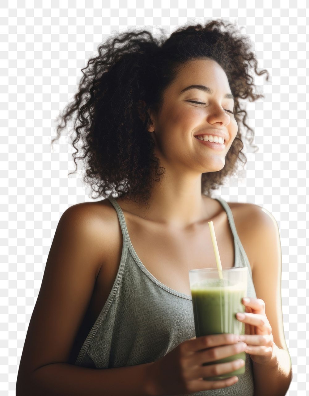 PNG  Woman drinking vegetable smoothie smile happy refreshment. AI generated Image by rawpixel.