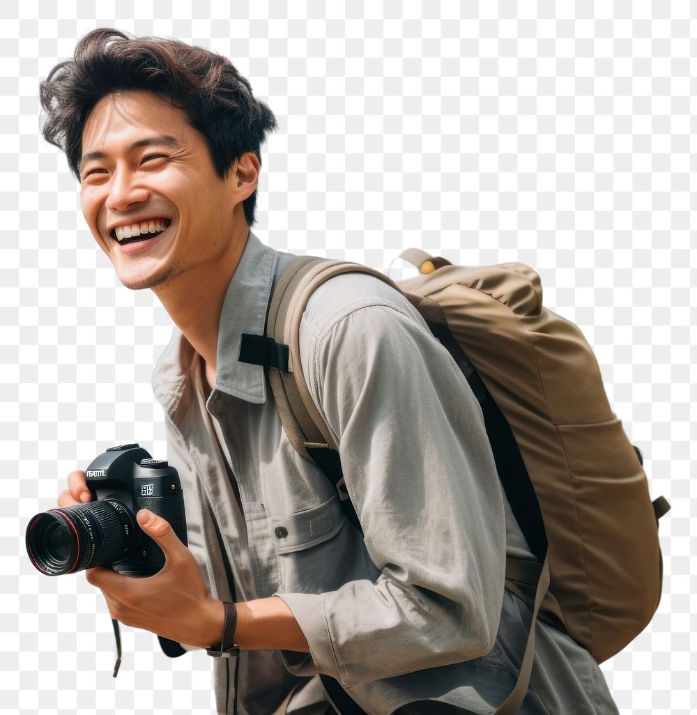 PNG Laughing backpack camera adult. AI generated Image by rawpixel.