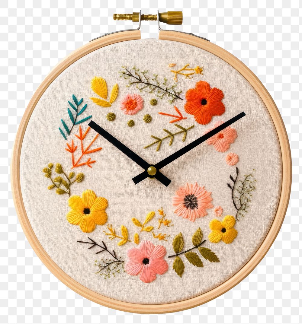 PNG Cute clock in embroidery needlework textile pattern.