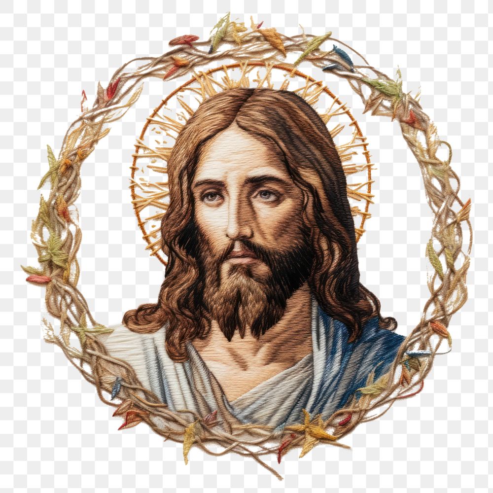 PNG Jesus in embroidery style portrait painting drawing.