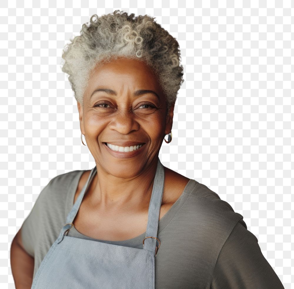 PNG  Senior black woman smiling adult smile.