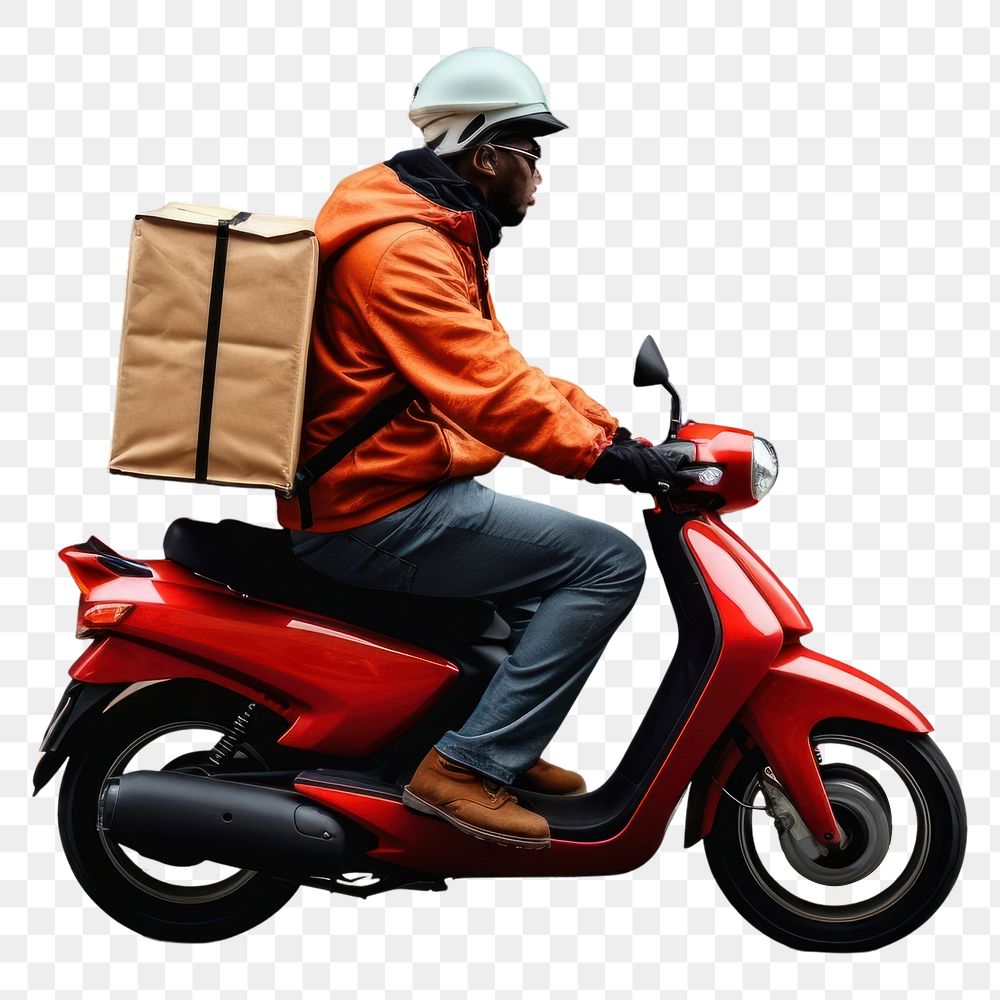 PNG  African American delivery man scooter helmet motorcycle.