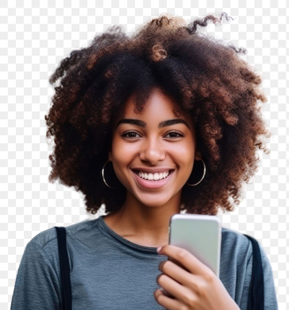 PNG  Healthy black woman outdoors selfie smile.