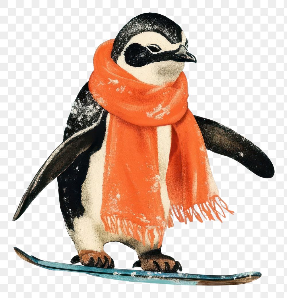 PNG  Penguin playing snowboard outdoors animal winter. AI generated Image by rawpixel.
