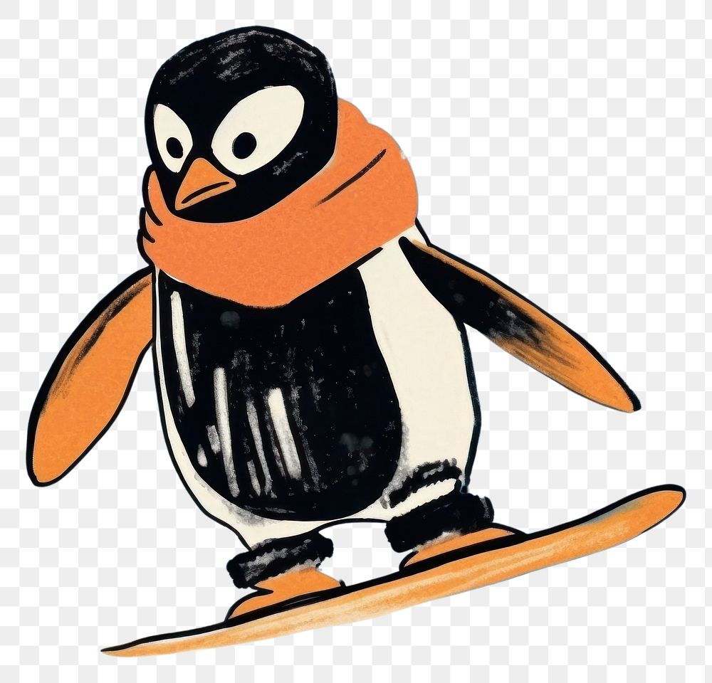 PNG  Penguin playing snowboard outdoors winter nature. AI generated Image by rawpixel.