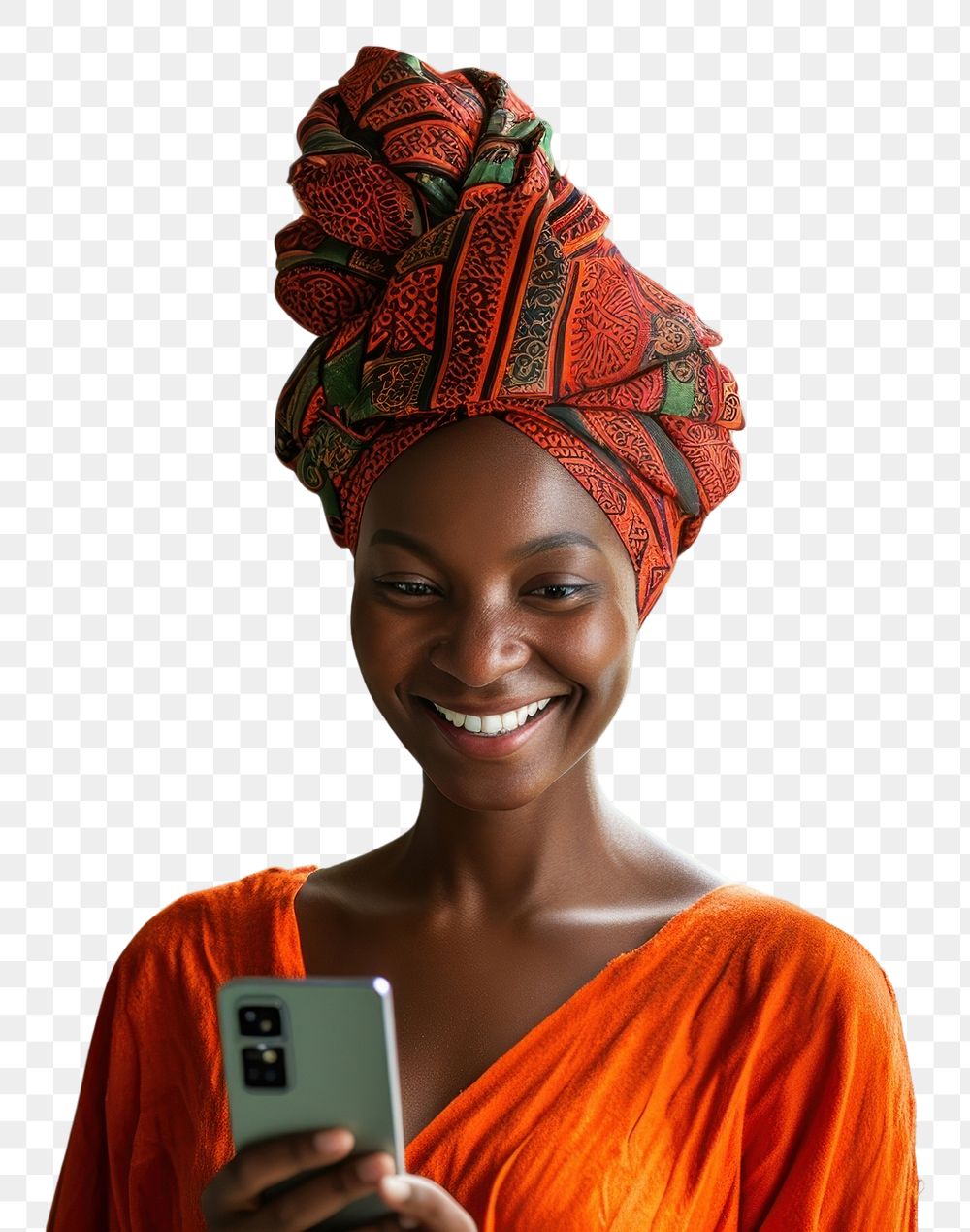 PNG African turban using smartphone portrait smiling smile.