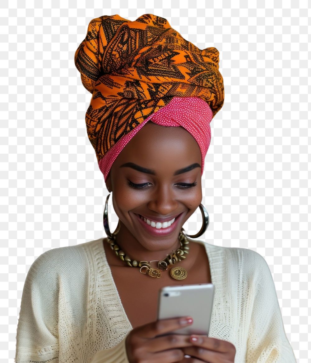 PNG African turban using smartphone smiling smile celebration.