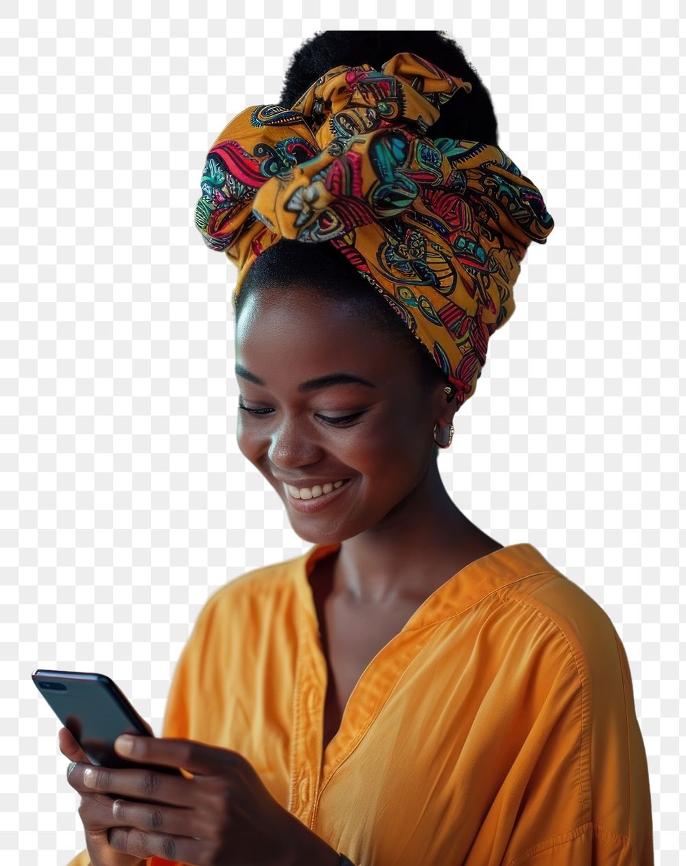 PNG African turban using smartphone smiling portability relaxation.