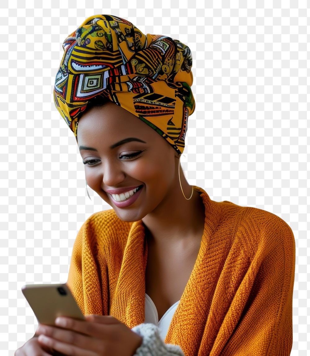 PNG African turban using smartphone portrait smiling photography.